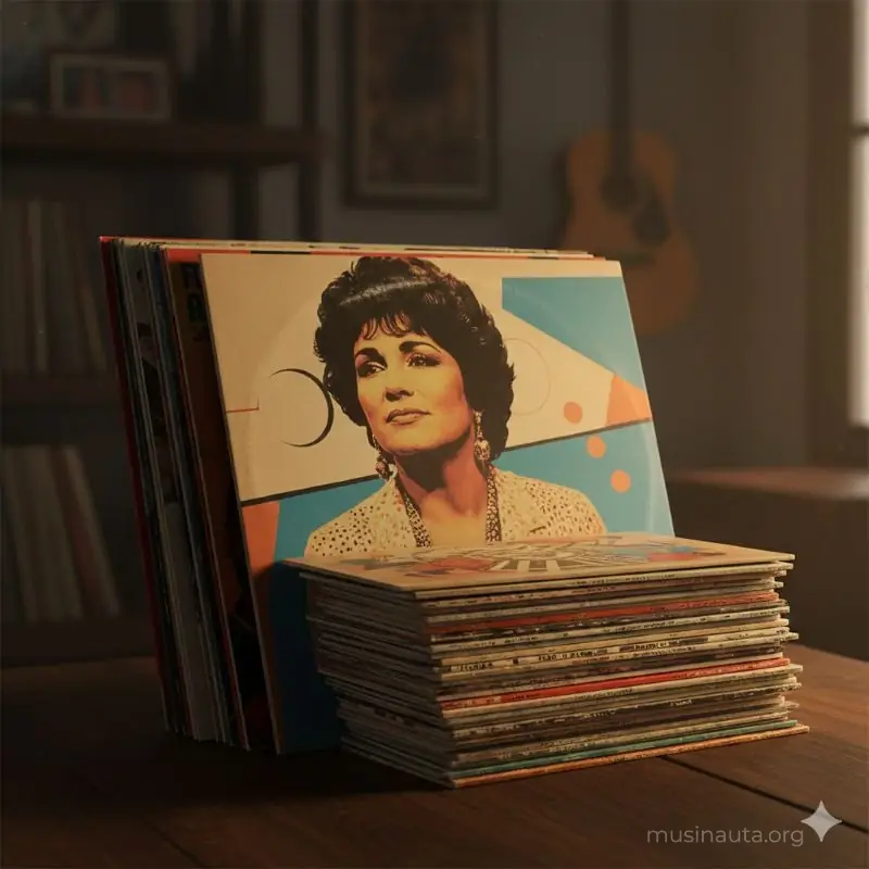 Discos de vinilo apilados simbolizando artistas clásicos de la música latina