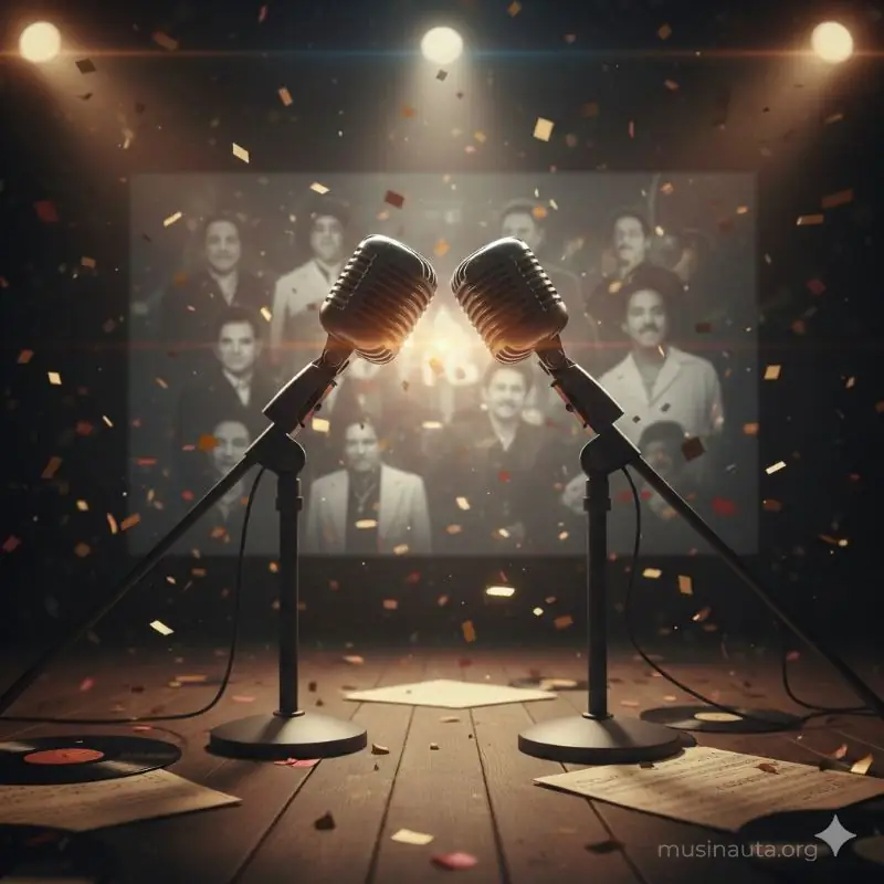Dos micrófonos enfrentados representando colaboraciones históricas de música latina