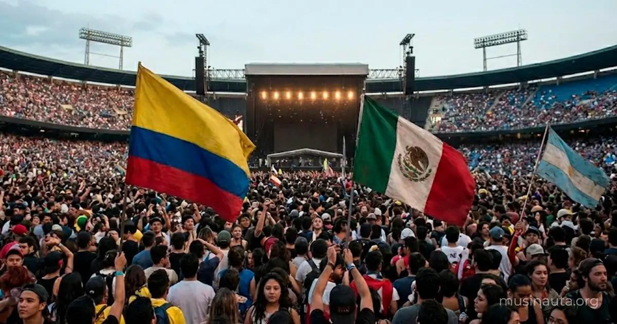 Vista de estadio lleno representando el dominio global actual del reggaetón