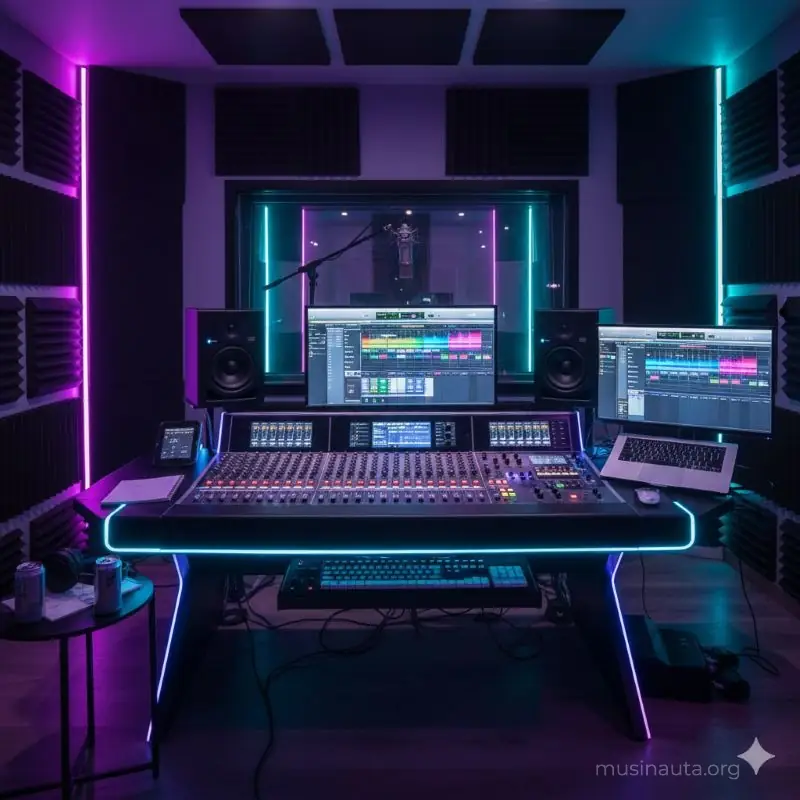 Equipo de estudio de grabación moderno para producción de reggaetón y trap latino