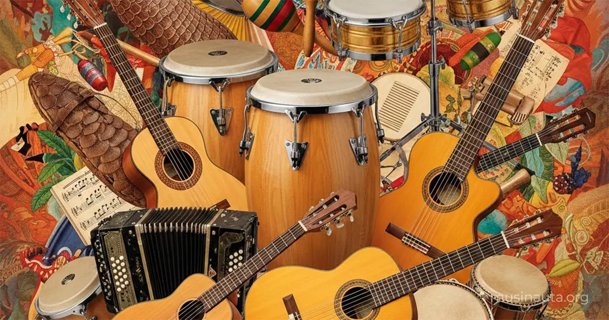 Diversos instrumentos musicales latinos representando la variedad de géneros de la música latinoamericana