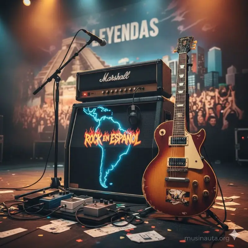 Guitarra eléctrica con amplificador del rock en español latinoamericano
