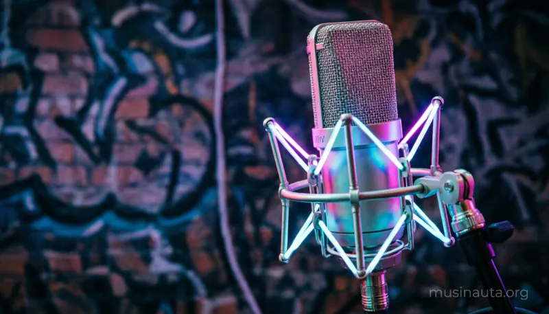 Micrófono de estudio con luces neón representando la música urbana y el reggaetón