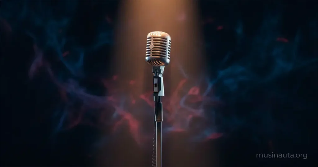 Micrófono vintage bajo foco de luz representando a los artistas más influyentes de la música latina