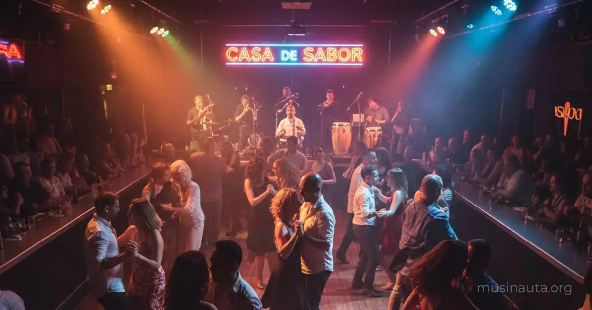 Pista de baile con iluminación colorida de club de salsa