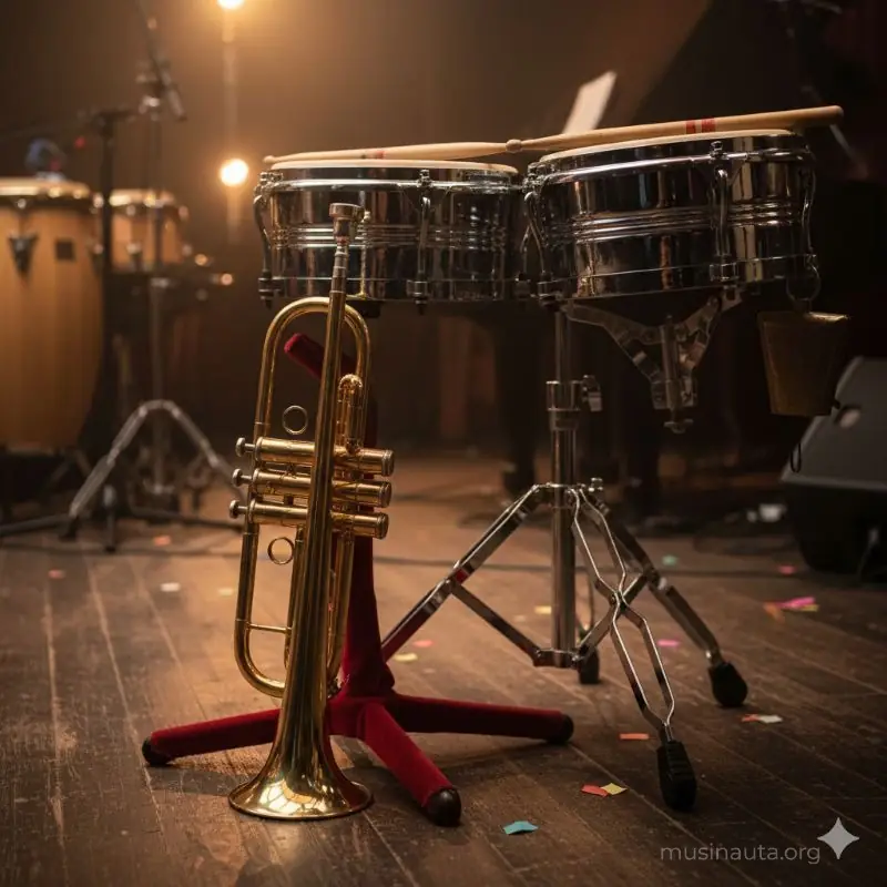Trompeta y timbales instrumentos característicos de las orquestas de salsa