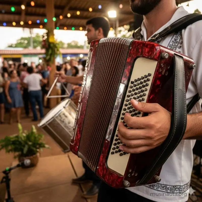 Primer plano de un músico ejecutando un acordeón tipo sanfona durante un concierto en vivo.