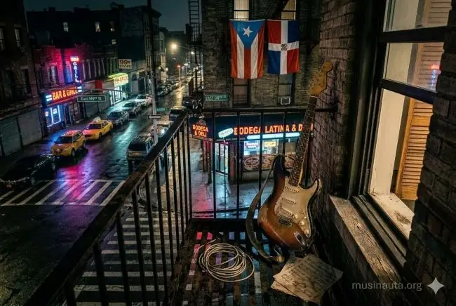 Ambiente urbano nocturno del Bronx con luces de neón y guitarras eléctricas