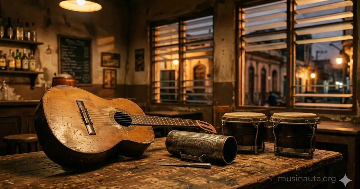 Guitarras de bachata y ambiente nocturno de Santo Domingo evocando los orígenes del género