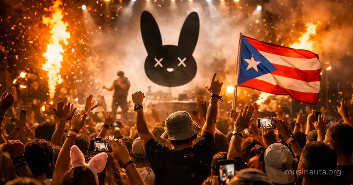 Fans en un concierto de Bad Bunny levantando los brazos mientras un gran símbolo de conejo aparece sobre el escenario