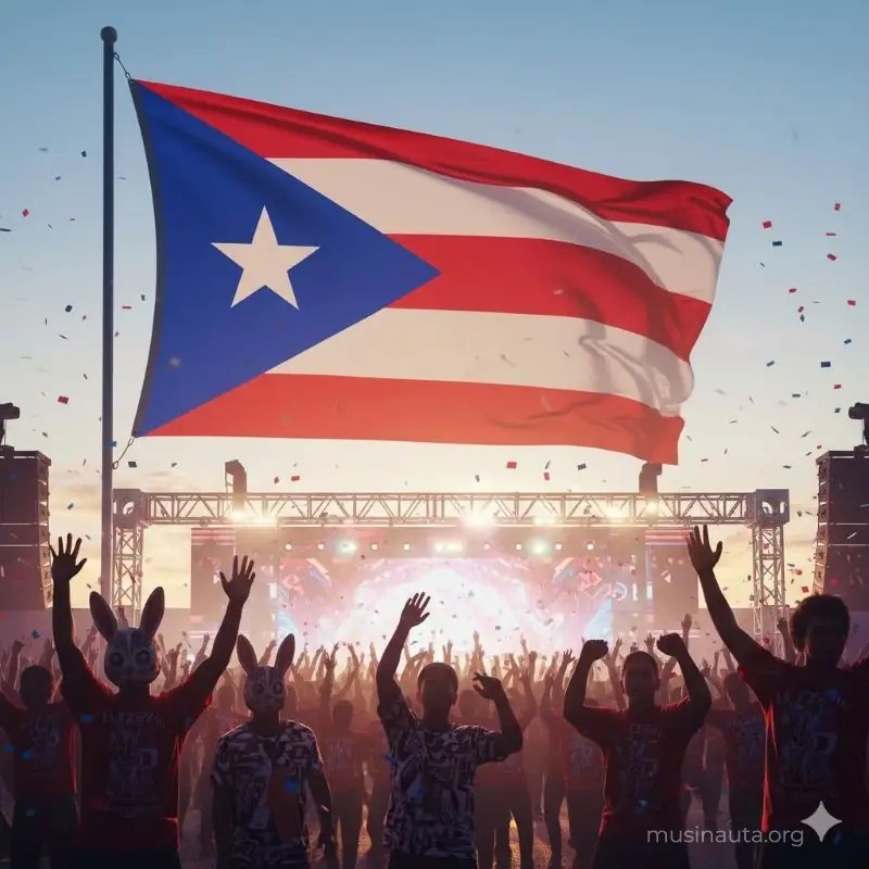 Bandera de Puerto Rico ondeando representando el orgullo cultural y activismo de Bad Bunny
