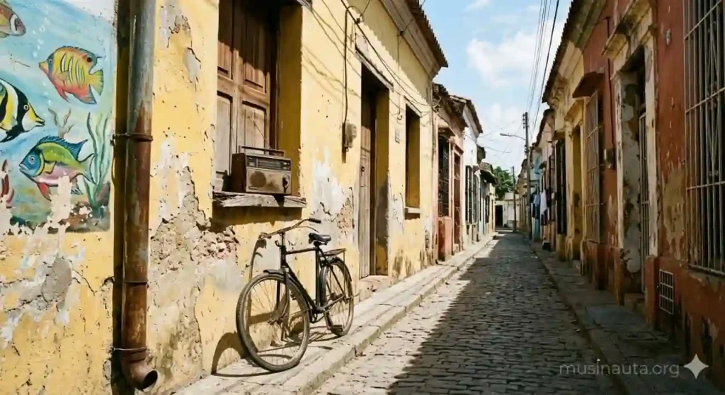 Calle colorida de Barranquilla con arquitectura colonial y vegetación tropical evocando la infancia de Shakira en el Caribe colombiano.

