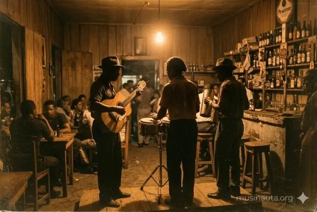 Escena nocturna en un bar popular de los años 60 con músicos tocando guitarra