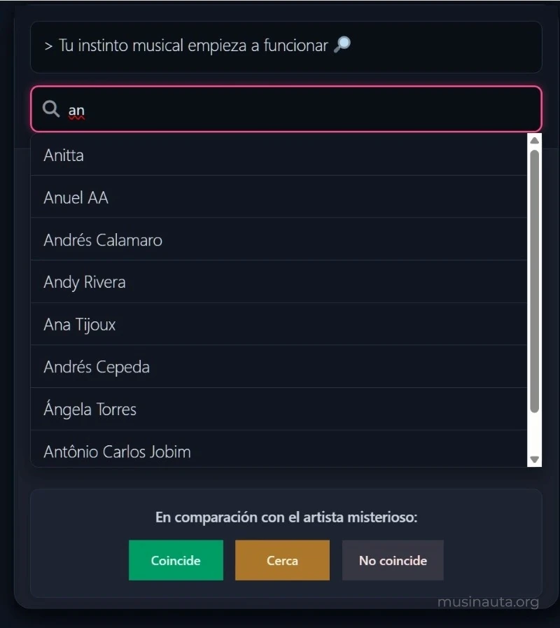 Captura del buscador de Musinauta mostrando el menú autodesplegable de artistas que coinciden con la letra ingresada.