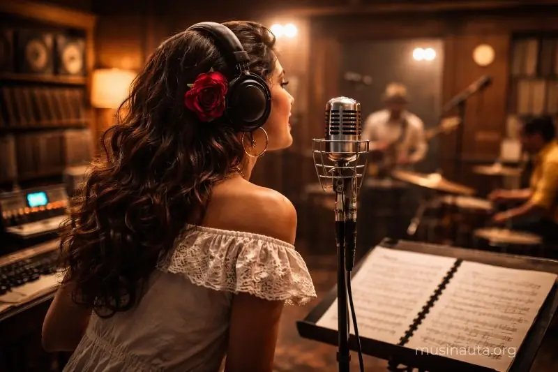 Cantante latina de espaldas grabando frente a un micrófono vintage en un estudio de grabación analógico, con partituras y músicos desenfocados al fondo.