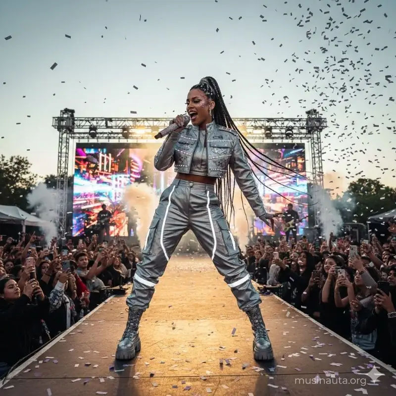 Cantante femenina en escenario con micrófono representando a las mujeres de la música latina