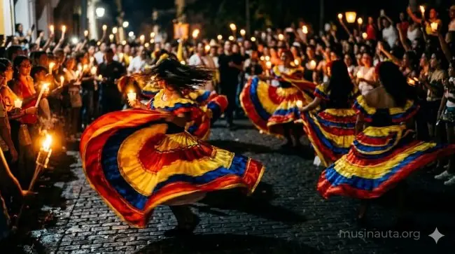 Escena festiva nocturna con mujeres en polleras coloridas sosteniendo velas en una celebración caribeña