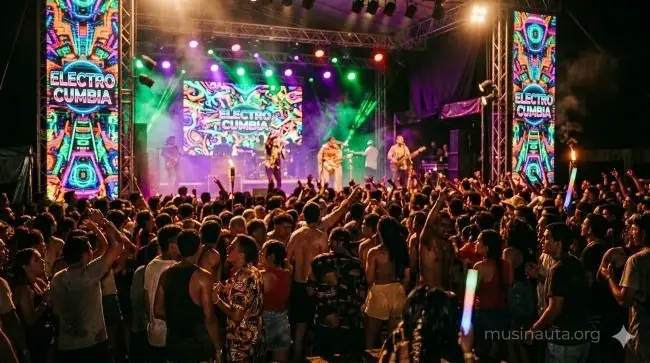 Escenario de festival internacional nocturno con luces de colores tropicales evocando la cumbia electrónica contemporánea