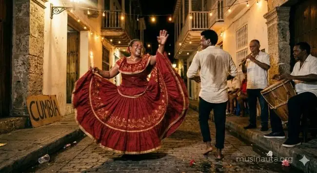 Grupo de personas bailando cumbia en una celebración popular de la costa Caribe colombiana, con luces cálidas y ropa colorida