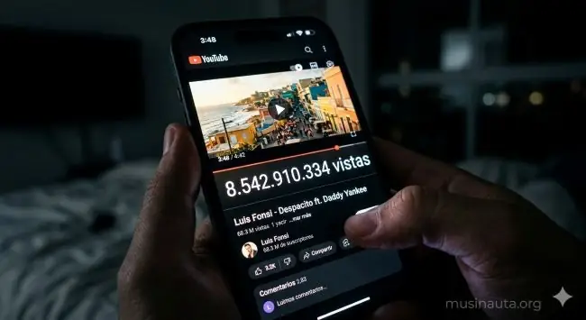 Pantalla de smartphone con contador de reproducciones en YouTube como símbolo del impacto 