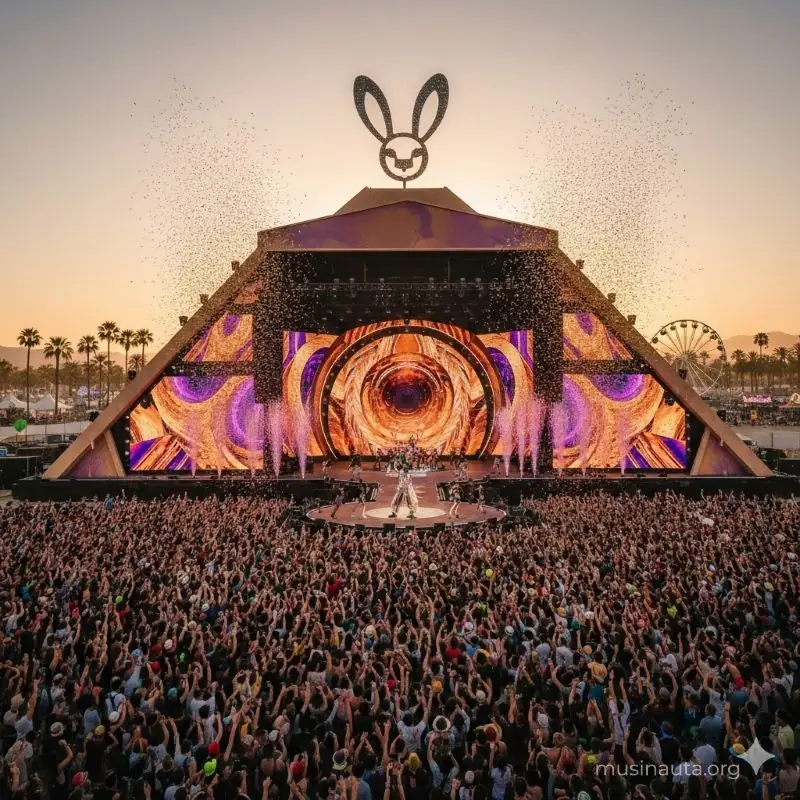 Escenario de festival musical al atardecer representando el histórico headlining de Bad Bunny en Coachella