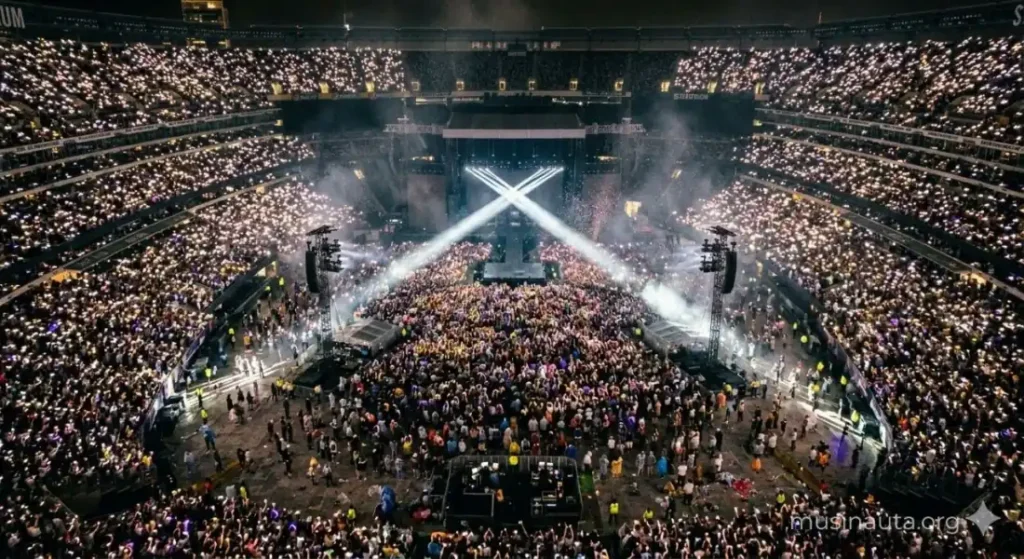 Vista aérea de estadio repleto de personas con teléfonos iluminados durante un concierto nocturno