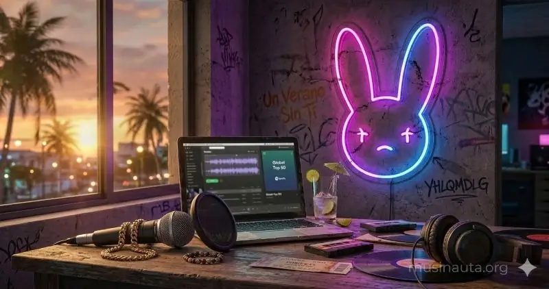 Estudio de grabación con vista al atardecer tropical, equipo de audio profesional y un letrero de neón con el logo de Bad Bunny en la pared.