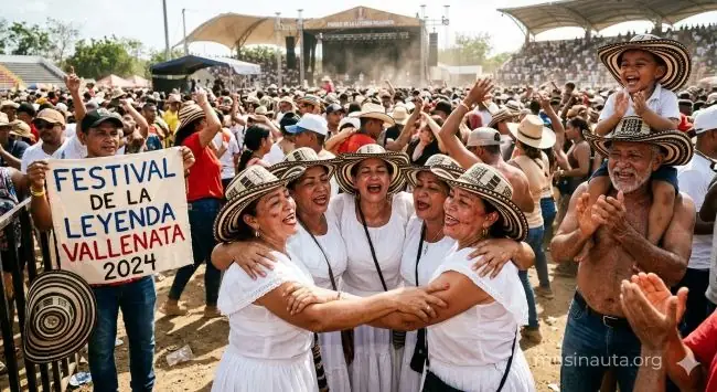 Multitud celebrando en el Festival de la Leyenda Vallenata con banderas y sombreros vueltiaos bajo el sol de Valledupar