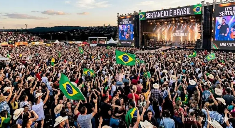 Multitud masiva en un festival de música sertaneja en Brasil bajo un atardecer, con pantallas gigantes mostrando artistas y fans sosteniendo banderas brasileñas en ángulos naturales.