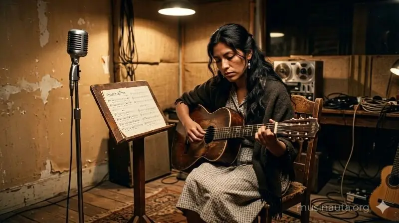 Joven música folclórica latinoamericana de los años 50-60 tocando guitarra acústica frente a un micrófono analógico en un estudio vintage.