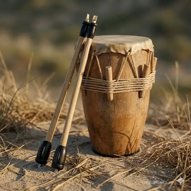 Gaitas indígenas colombianas apoyadas sobre un tambor africano tradicional en entorno natural de la costa Caribe