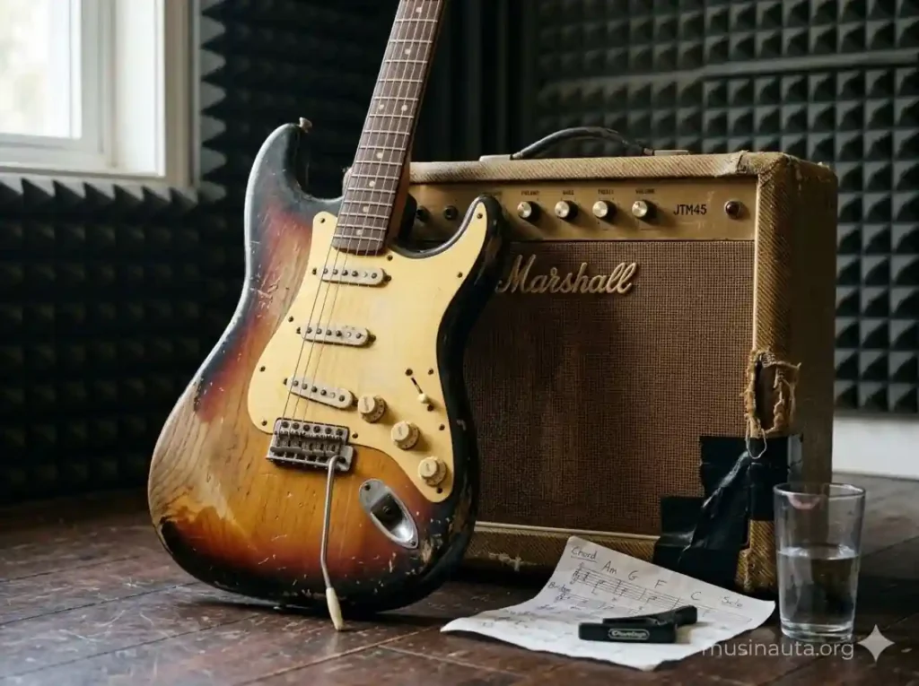 Guitarra eléctrica apoyada en un amplificador en un estudio de grabación con luz cálida
