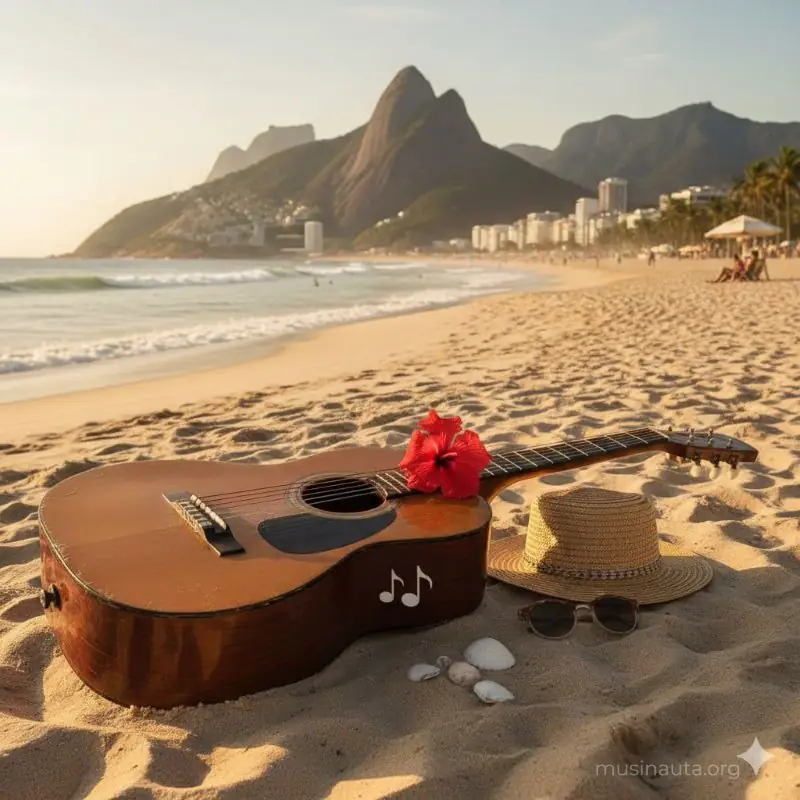 Guitarra acústica en playa de Copacabana representando el contexto de la bossa nova