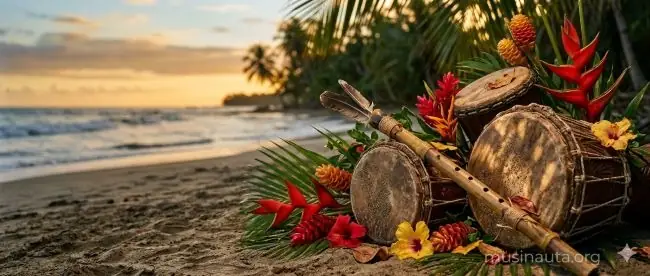 Conjunto de gaitas y tambores tradicionales colombianos evocando los orígenes de la cumbia en la costa Caribe