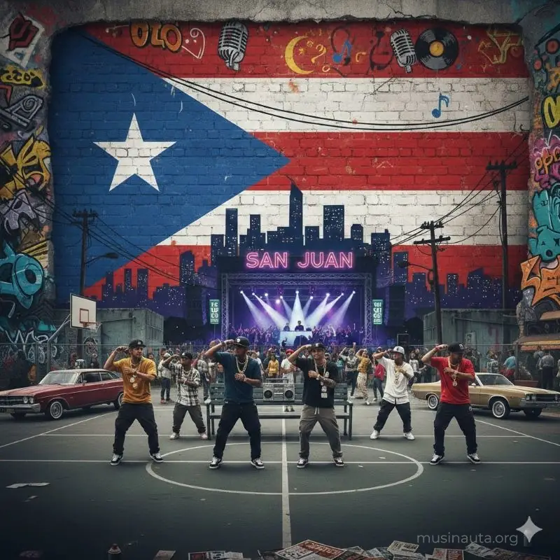 Bandera de Puerto Rico con elementos urbanos representando la cuna del reggaetón