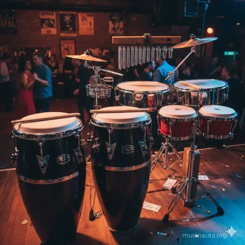 Congas, bongós y timbales instrumentos de percusión característicos de la salsa
