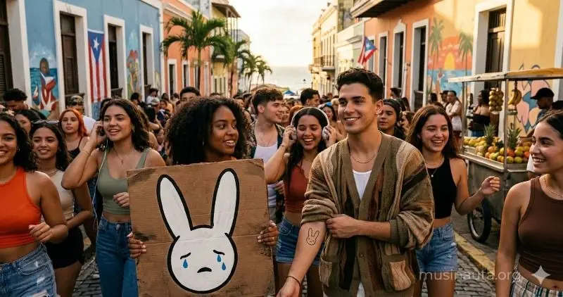 Grupo de jóvenes fans en una calle colorida de Puerto Rico celebrando la cultura del trap latino; uno de ellos sostiene un cartel de cartón con el icónico símbolo del conejo de Bad Bunny en un ambiente festivo