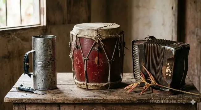 Güira metálica, tambora de dos parches y acordeón diatónico sobre una superficie de madera rústica