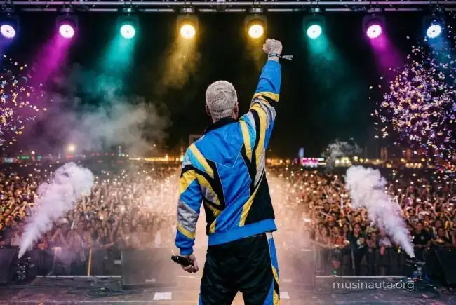 Figura masculina de espaldas con cabello corto decolorado ante un estadio repleto con luces vibrantes de reggaetón