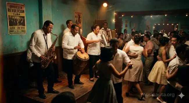 Músicos de merengue en un concierto de los años 60-70 con trajes blancos y saxofones bajo luces de escenario cálidas