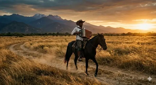 Gaucho o vaquero con sombrero vueltiao tocando un acordeón a caballo al atardecer en una sabana colombiana