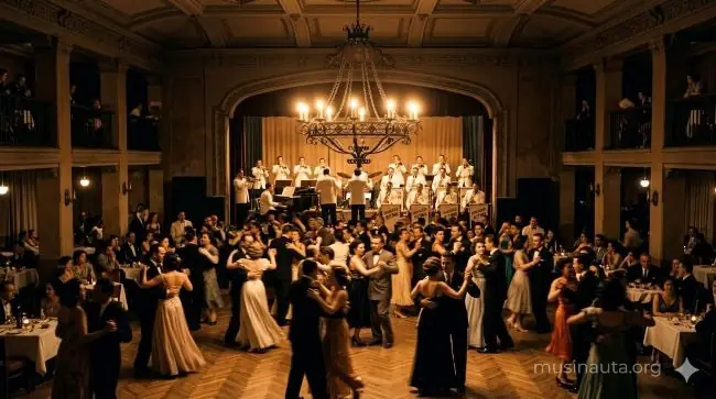 Orquesta de big band de los años 40 en un salón de baile latinoamericano con instrumentos de viento dorado
