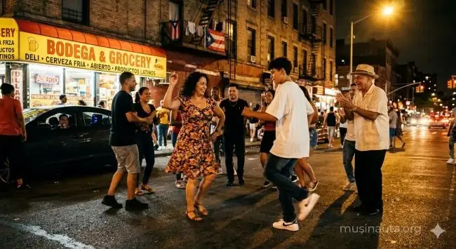 Escena callejera nocturna en un barrio latino de Nueva York con personas bailando alrededor de un cantante