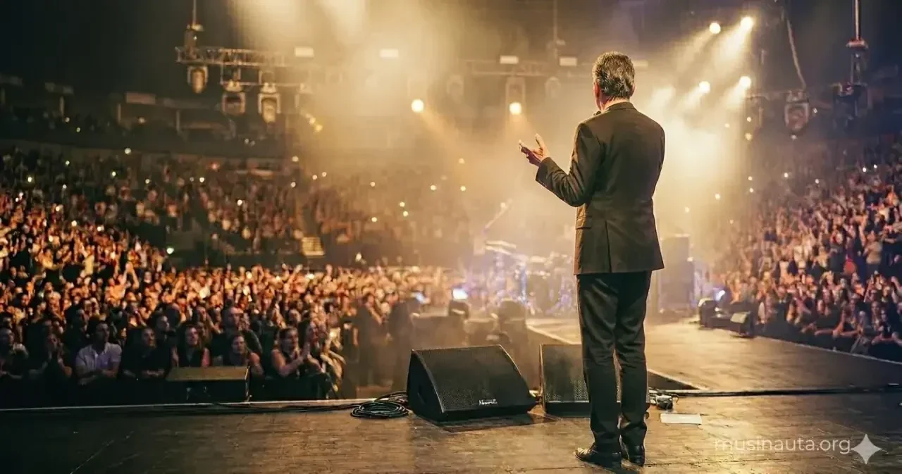 Figura masculina de espaldas con micrófono en un estadio repleto con luces doradas de concierto de salsa