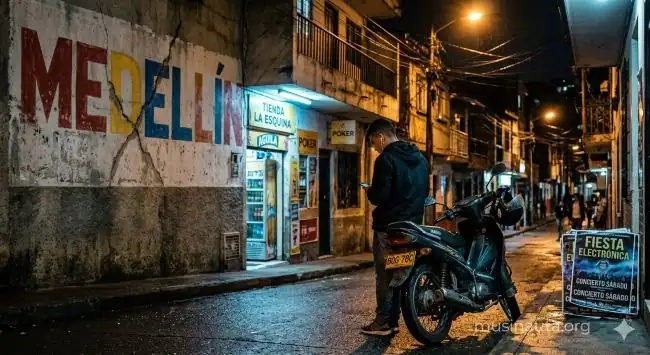 Calle nocturna de Medellín con grafitis y luces de neón evocando los inicios del reggaetón colombiano