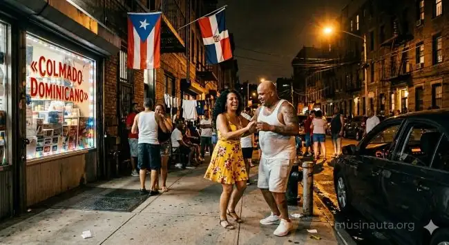 Calle nocturna de Washington Heights, Nueva York, con parejas bailando merengue bajo luces de neón y colores caribeños