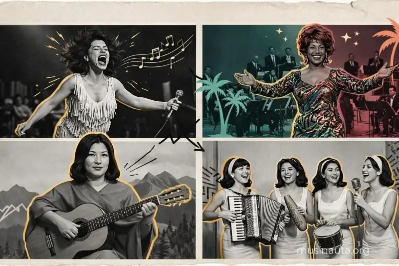 Collage ilustrado de mujeres cantantes e instrumentistas que representan a las pioneras que transformaron la música latina.