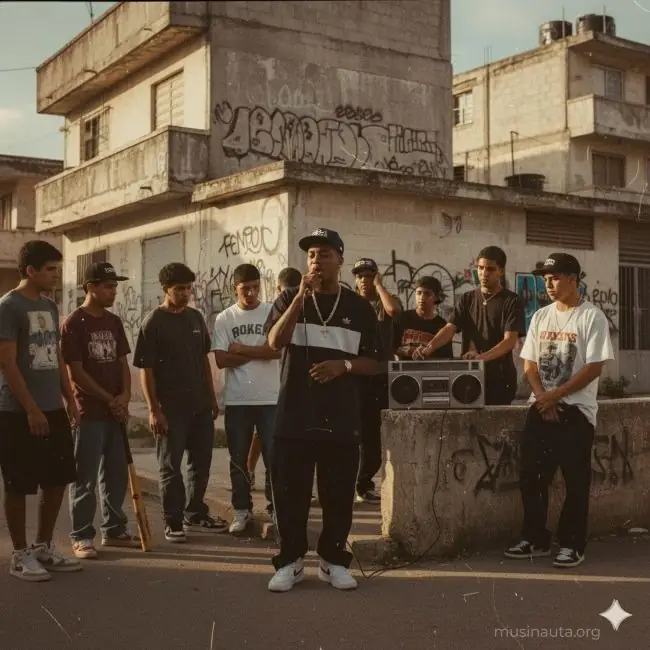 Fotografía de estilo documental de un grupo de jóvenes en un residencial público de Puerto Rico durante los años 90. Un joven con gorra y ropa urbana rapea frente a un micrófono conectado a una radio grabadora antigua, mientras otros amigos observan, con un bate de béisbol apoyado contra un muro de concreto con grafitis.