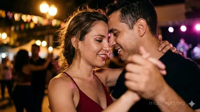 Pareja bailando bachata en primer plano durante un festival de baile latino nocturno en la calle