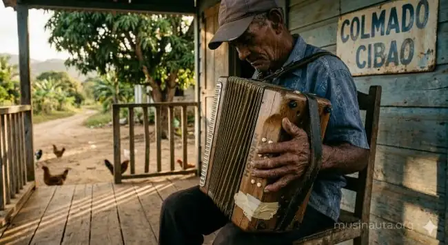 Anciano tocando acordeón diatónico en un portal de madera en zona rural de República Dominicana al atardecer